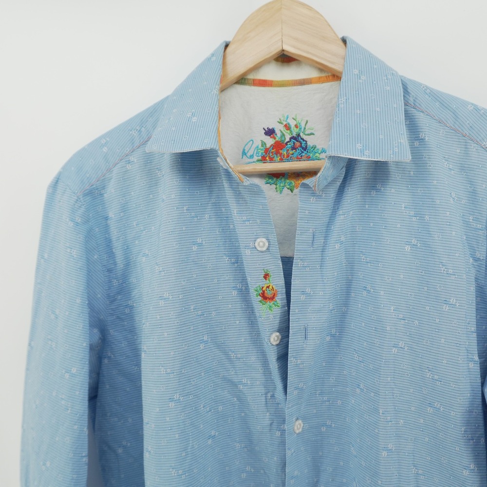 Robert Graham Button Down Shirt Mens M Blue Striped Floral Embroidered LS